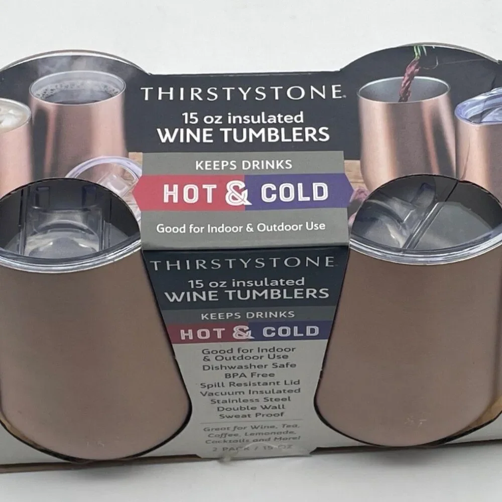 Thirstystone Cambridge Copper Insulated Wine Tumblers Set of 2 Double Wall 15 oz